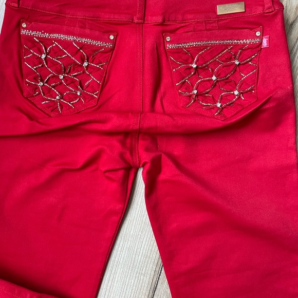 LUJURIA JEANS, Colombian Butt Lifter Rhinestone Red Skinny Jeans SIZE 3 - Picture 4 of 10